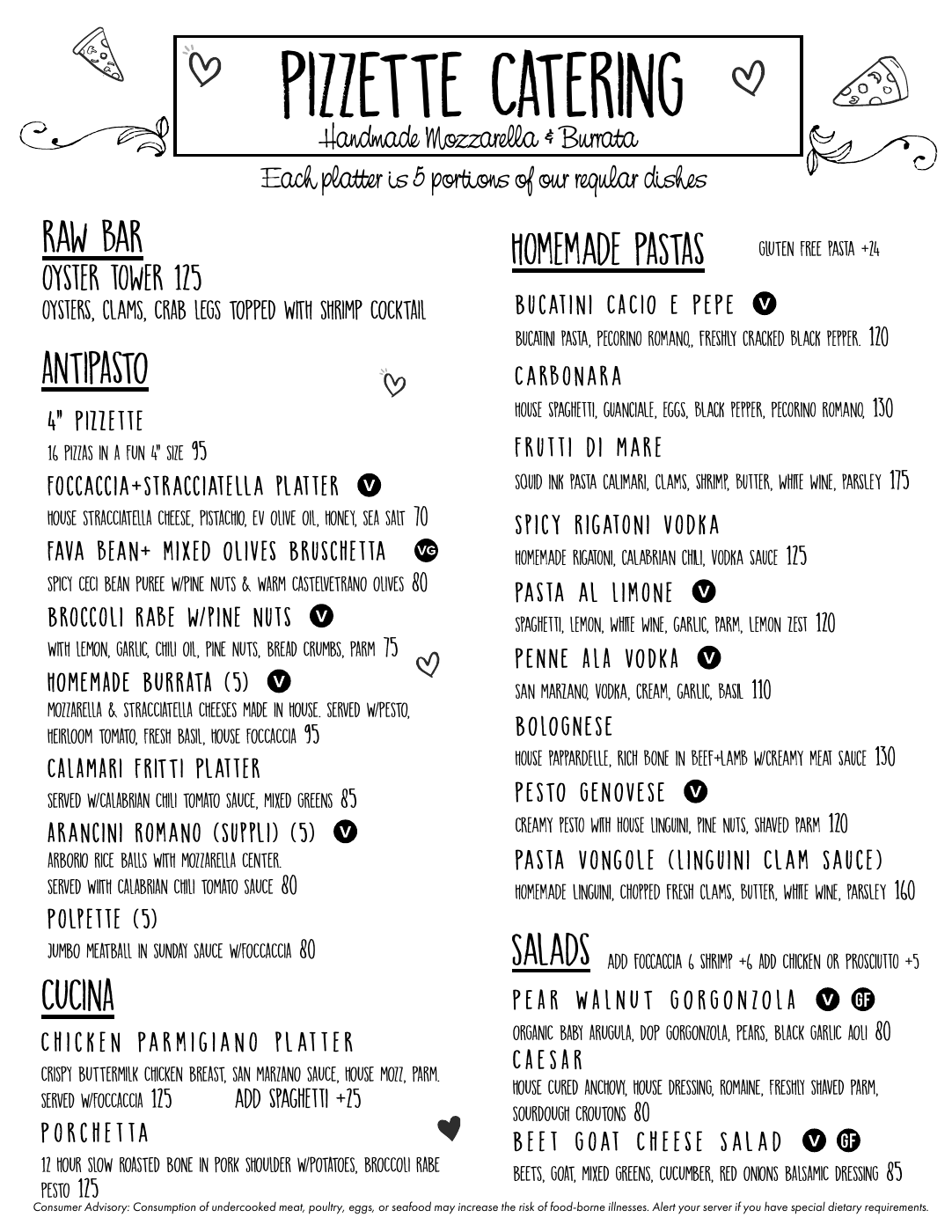 Pizzette catering menu with appetizers, chicken and porchetta, homemade pastas, and salads